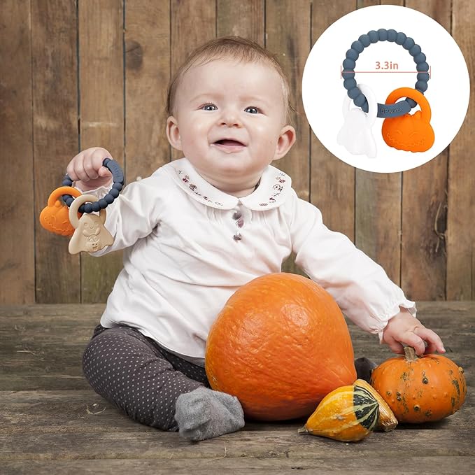 Silicone Teething Ring Toy, Halloween Baby Teether Toys with Rattles Pumpkin and Ghost, Sensory Chew Toys for Babies 3-6-12 Months to Soothe Sore Gums,Dark Grey