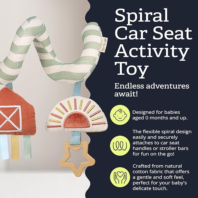 Itzy Ritzy Spiral Car Seat & Stroller Activity Toy - Stroller & Car Seat Toys for Ages 0 Months and Up - Hanging Toys Include Dangling Ring, Mirror and Textured Ribbons (Farm)