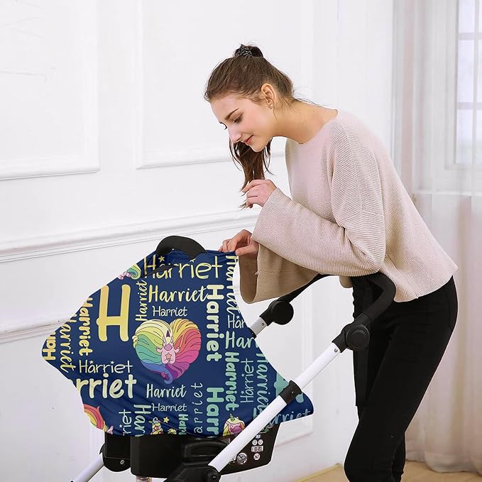 Personalised Car Seat Cover for Girls and Boys - 7 in 1 Navy Horse Print Multipurpose Breast Feeding Cover, Nursing Cover, Grocery Cart Cover - Birthday Gift for Babies(27"x29")
