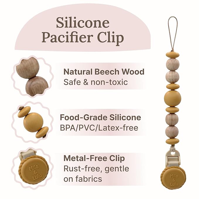 Silicone Pacifier Clip – Metal-Free, Rust-Free, 100% Food-Grade Silicone and Natural Beech Wood, Secure Pacifier Holder for Babies – Sun - Mila & Lulu