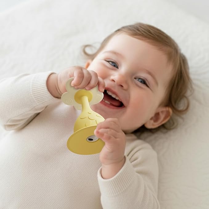 Baby Flower Teether Rattle Toy, Sensory Toy for Baby 0-24 Months, Teething Relief Chewing Toy for Infant, BPA Free Food Grade Silicone Teether (Yellow)