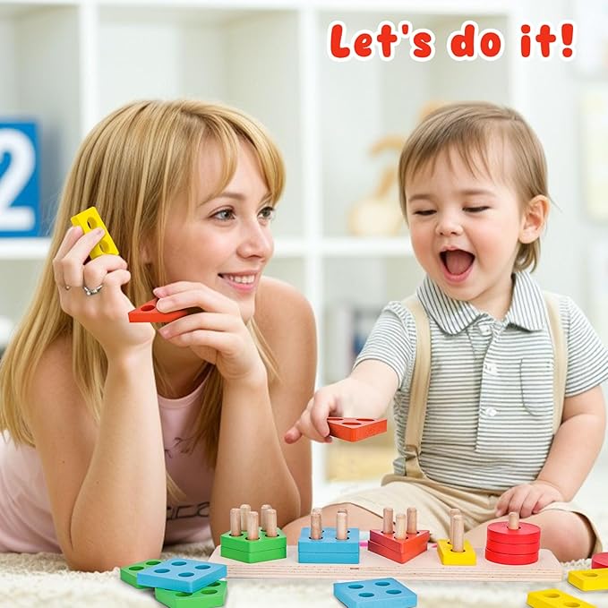 LovesTown Stacking and Sorting Learning Puzzles, Montessori Wooden Sensory Toys for Toddlers, 20 PCS (Pack of 2)