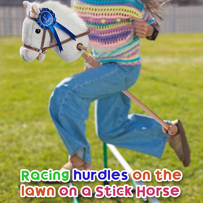 HollyHOME Stick Horse Plush with Detachable Blue Ribbon Champion Hobby Horse on Stick with Wood Wheels Real Pony Neighing and Galloping Sounds for Kids Toddlers White 36 Inches(AA Batteries Required)