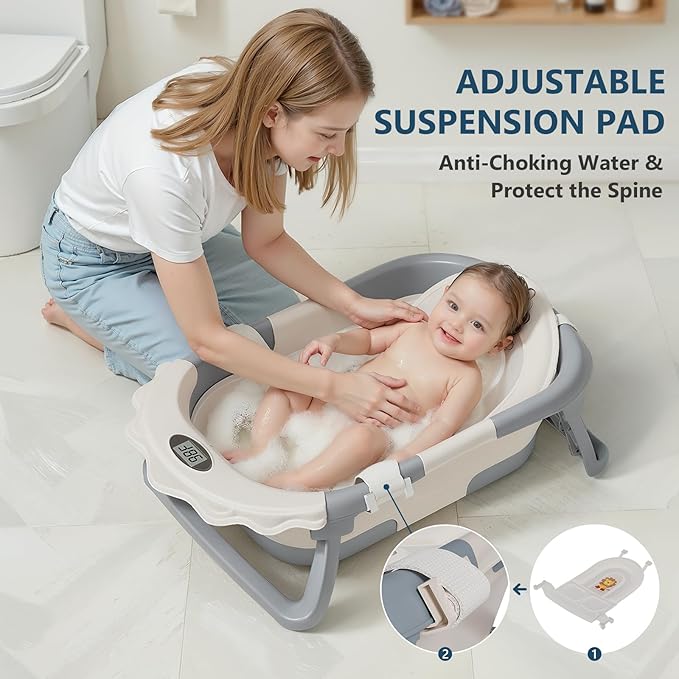 MoreFeel Foldable Baby Bathtub with Thermometer - 4-in-1 Grow-with-Me Collapsible Infant Tub (Newborn to Toddler) with Adjustable Mesh Sling - Space Saving Design