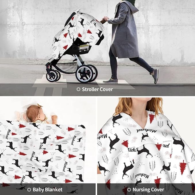 Personalized Woodland Deer Baby Infant Car Seats Canopy for Babies with Name, Custom Lightweight Covers for Baby Boys Girls, Minky Nursing Breastfeeding Stroller Cover Canopies for Newborn