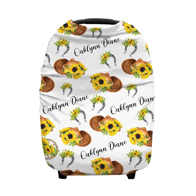 Personalized Baby Car Seat Cover for Baby Girls, Custom Nursing Covers for Breastfeeding with Name, Sunflower Cowgirl Infant Stroller Cover, Baby Newborn Carseat Canopy, Multiuse Car Seat Canopies