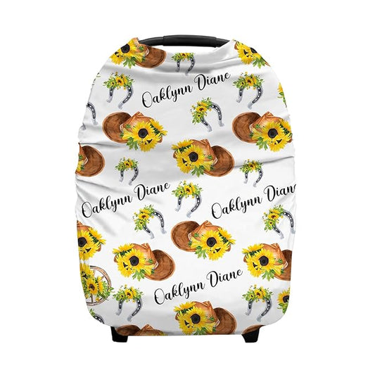 Personalized Baby Car Seat Cover for Baby Girls, Custom Nursing Covers for Breastfeeding with Name, Sunflower Cowgirl Infant Stroller Cover, Baby Newborn Carseat Canopy, Multiuse Car Seat Canopies