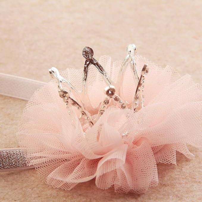 Nishine 1.3"x1.3" Mini Baby Girl Tulle Crown Headband Toddler Princess Crown Tiaras Birthday Photography (Silver, Elastic)