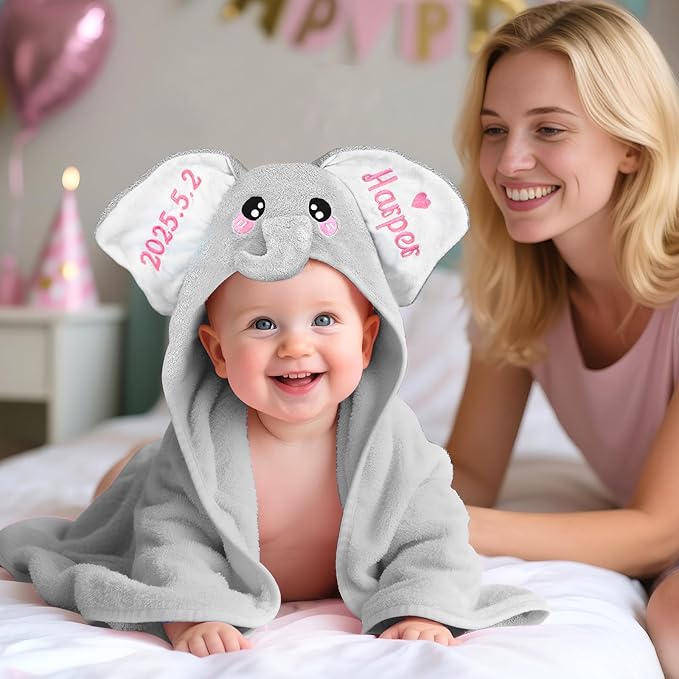 Custom Hooded Bath Towel with Name, Personalized Highly Absorbent Elephant Towels, Baby Bath Towels for Girls Boys, Christmas Brithday for Baby, Toddler, Newborn (Grey)