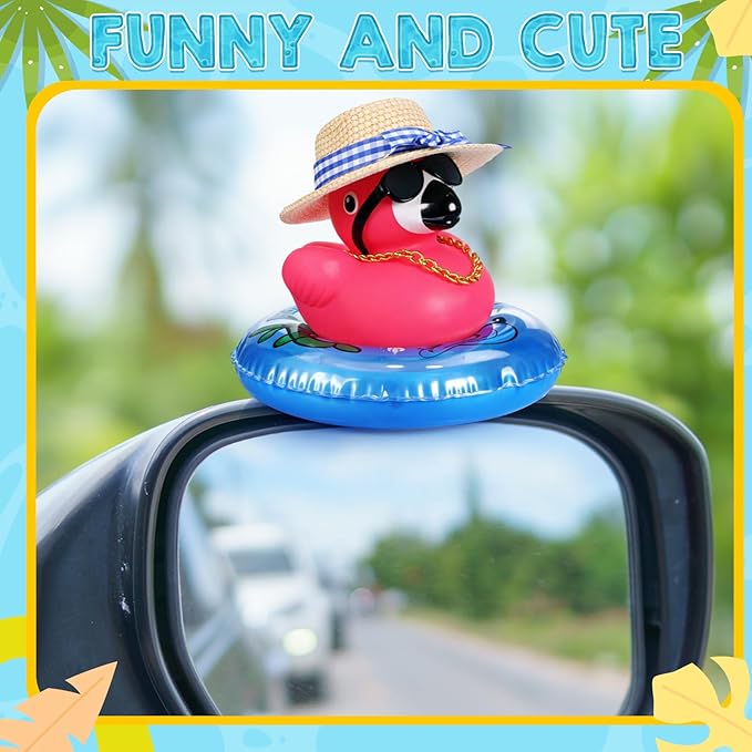 Sotiff Rubber Flamingo Pink Flamingo Rubber Ducks Squeaky Mini Ducks with Mini Straw Hat Swim Ring Gold Chain and Sunglasses for Car Decor Summer Birthday Swimming Party Gift Favor(Vintage)