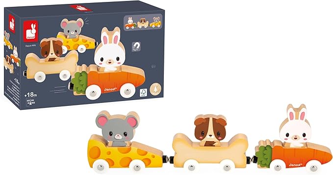 Janod - Pets Wooden Animal Car Train Push and Go Playset - Toddler Playtime - Magnetic Interchangeable Cars - Encourages Imaginative Play - Adorable Animal Characters, Safe Quality Materials