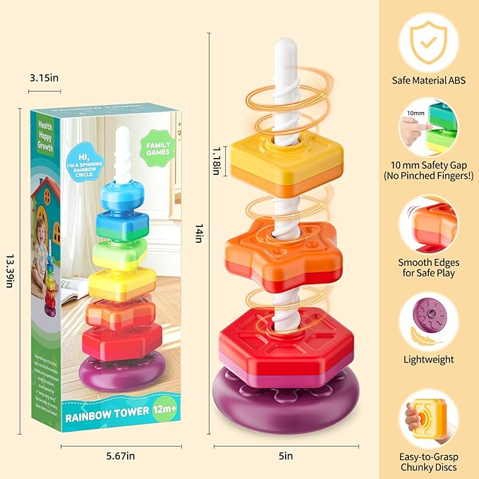 Baby Spinning Stacking Toys for Toddlers 1-3, Sensory Montessori Toys for One Year Old Girl Boy, Rainbow Ring Stacker Tower, Educational Learning Toy, Perfect Easter Christmas Birthday Gifts