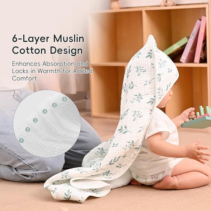 PHF 100% Muslin Cotton Baby Hooded Towels, 2 Pack Bath Towel with Hood for Newborn, Infant, Toddler, Ultra Soft and Absorbent Baby Bath Essentials, Shower Gifts for Boys Girls, 32x32Inch, Leaf
