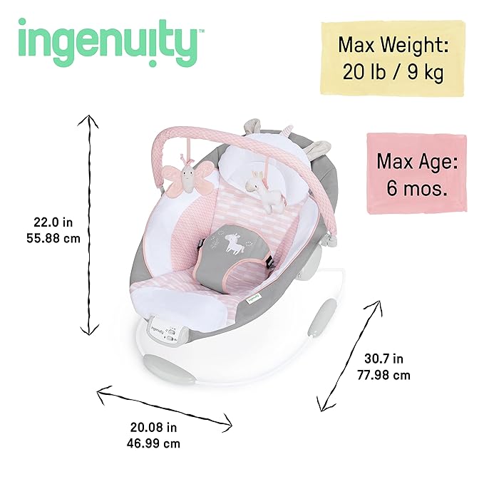 Ingenuity Soothing Baby Bouncer Infant Seat with Vibrations, -Toy Bar & Sounds, 0-6 Months Up to 20 lbs (Pink Flora the Unicorn)