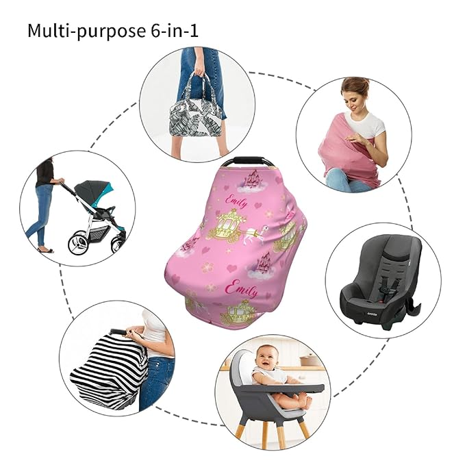 Personalized Baby Car Seat Cover for Girls, Custom Castles Nursing Covers for Breastfeeding with Name, Infant Stroller Cover, Baby Carseat Canopy for Newborn, Multiuse Car Seat Canopies