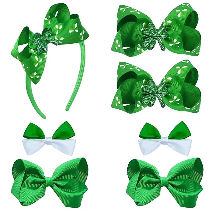7Pcs St. Patrick's Day Hair Bows Clips for Girls Hair Accessories Toddler Bows for Girls Kids(Green)