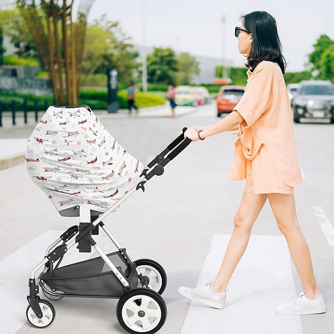 Sweet Jojo Designs Vintage Airplane Boy Infant Baby Car Seat Cover Nursing Breastfeeding High Chair Shopping Cart Stroller Carseat Canopy Carrier Multipurpose Use - Yellow Orange Red White Blue Clouds