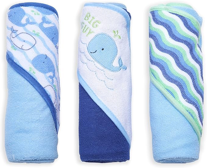 Buttons & Stitches Boy's 3-Pack Blue Whale Hooded Baby Towels, 26x30 Inches