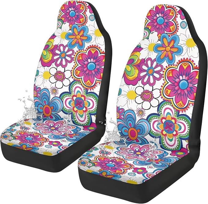 Colorful Hippie Flower Car Seat Covers Set of 2 Waterproof Universal Vehicle Front Seats Interior Protector Easy to Install Interior Protection Suitable Fits Most Car Auto SUV Sedan Truck