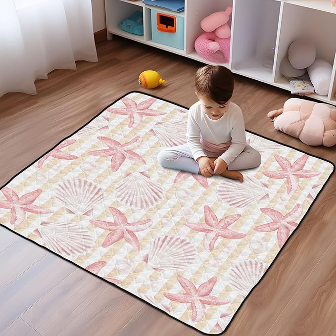 Baby Play Mat Vintage Seashells and Starfish 50 x 50 Playpen Mat Baby Play Mats for Floor Play Gym Crawling Mat Non-Slip Cushioned Baby Playmat for Infants, Babies, Toddlers