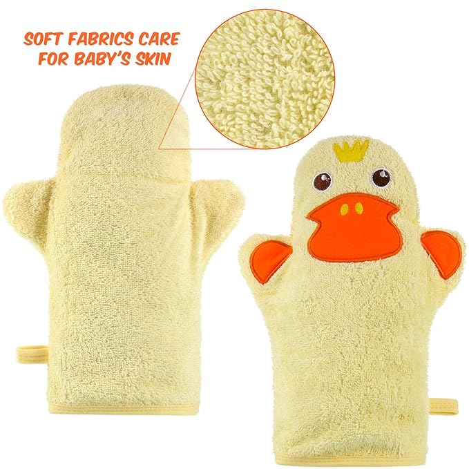 Shappy 2 Pieces Baby Bath Mitt Washcloths with Cute Animal Designs Yellow Duck Shark Towel Gentle Soft Scrub for Toddler Bath and Shower