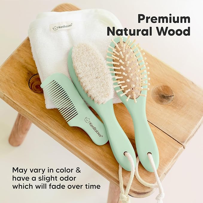 Wooden Baby Hair Brush for Toddler Girls, Boys - Cradle Cap Brush for Babies, Soft Goat Bristles, Perfect Gentle Scalp Newborn Comb for Infant, Girls, Boys, Bath Essentials (Sage, Regular)