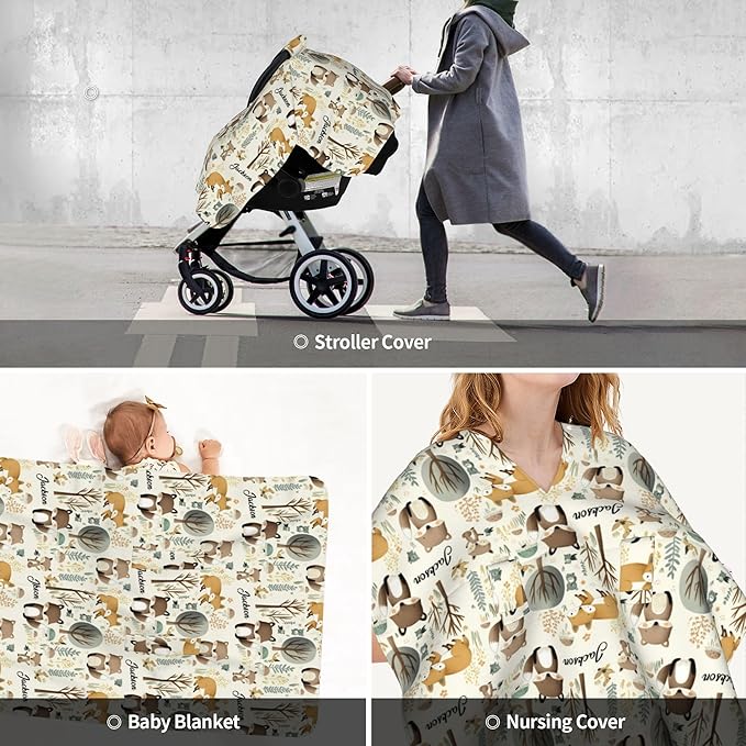 Personalized Winter Carseat Cover for Baby Custom Name Car Seat Canopy for Newborn Baby Boys Girls 2 in 1 Mom Nursing Breastfeeding Covers Woodland Minky Baby Carrier Stroller Covers