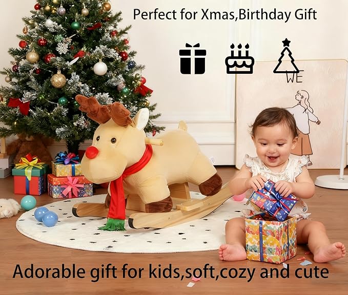 Baby Rocking Horse with Jingle Bells, Baby Rocking Chair for Toddlers 1-3 Years, Soft Plush Wooden Ride-on Toy Rocking Animal for Baby Boys and Girls Child Birthday Gift, CPC&CE Certified (Apricot-02)