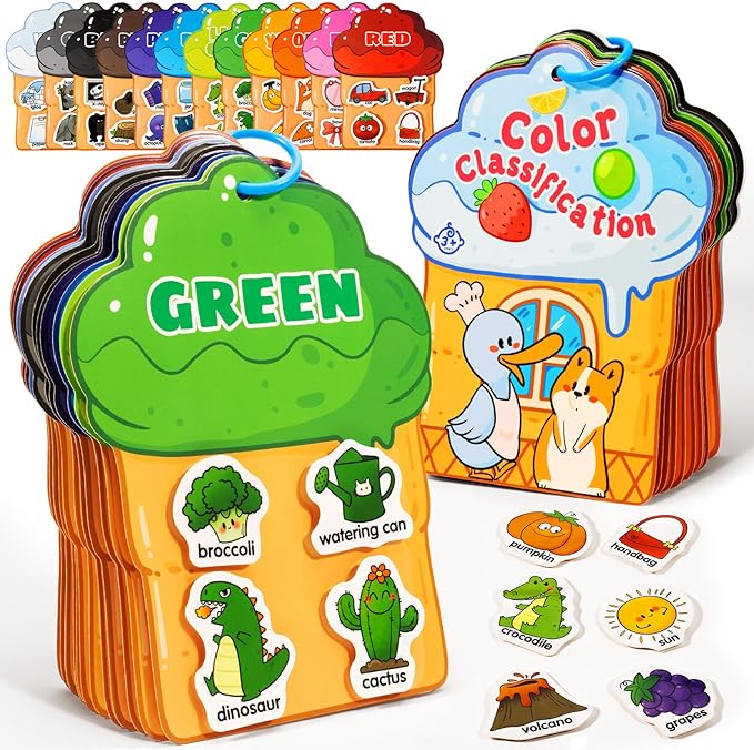 QEF Montessori Busy Book, Color Sorting Toys for Toddlers 2-4, 12 Color Themes Educational Preschool Learning Activities Toys Book with 48 Cartoon Sticker, Sensory Matching Games for Kids