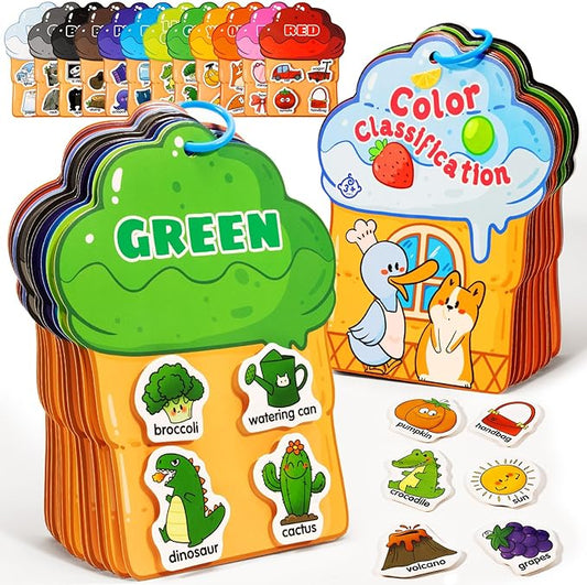QEF Montessori Busy Book, Color Sorting Toys for Toddlers 2-4, 12 Color Themes Educational Preschool Learning Activities Toys Book with 48 Cartoon Sticker, Sensory Matching Games for Kids