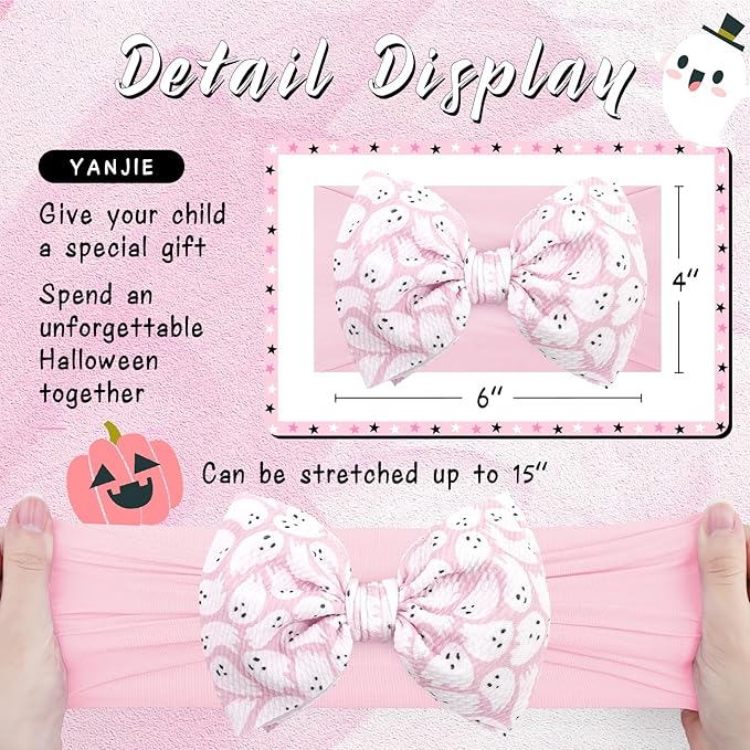 YanJie Halloween Baby Headbands Bow Ghost Hair Bow Baby Pink Halloween Bow baby White Halloween Bows Newborn Bows Infant Halloween Hair Accessorie