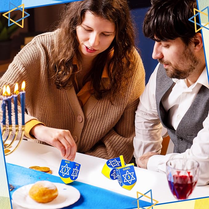 Wonderjune 2 Pcs Hanukkah Dreidels Extra Large Wooden Dreidel for Hanukkah Decoration with English Transliteration, Forever Spinning Tops Party Favors(Hexagram)