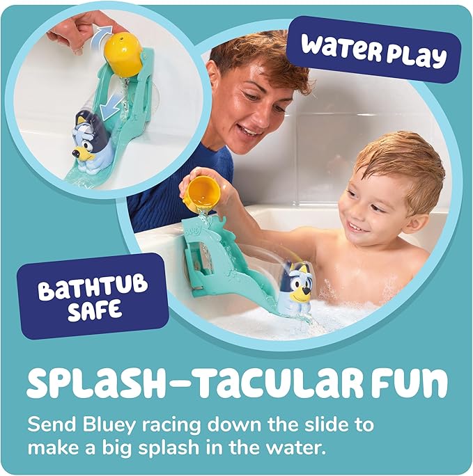 TOMY Toomies Bluey’s Water Slide - Includes Water Slide with Suction Cup, Clip On Bucket and Bluey Figure - Interactive Toddler Bath Toys - Ages 18 Months and Up