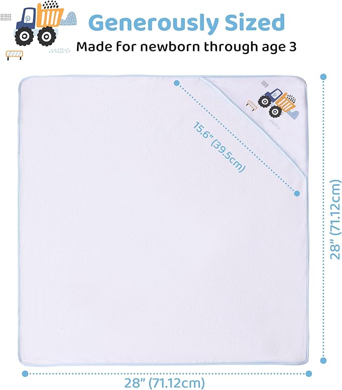Mooreeke Baby Towel with Hood for Boys Blue Excavator Bath Towel for Babies Ultra Soft Absorbent 3 PCS Baby Towels and 3 PCS Washcloths for Newborn Essentials