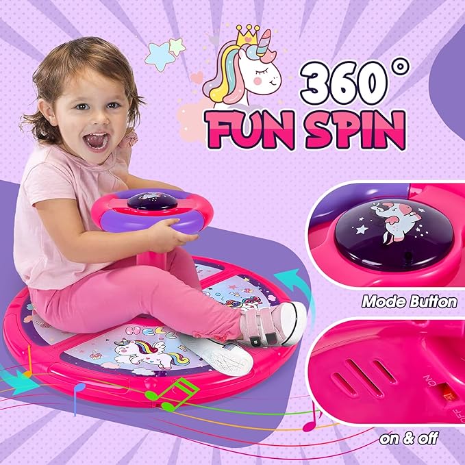Unicorn Sit and Spin, GODELAIF Sit and Spin Toy 360° Spinning Stool Seat Sensory Toys Christmas Birthday Gift with Music & LED Lights for Kids Toddlers Girls Boys 2, 3, 4, 5, 6 Years Old