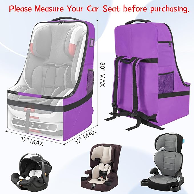 IBVIVIC Padded Car Seat Travel Bag for Airplane, Heavy Duty Car Seat Bag for Air Travel Gate Check Carseat Carrier Bag with Shoulder Strap, Fits Most Baby & Infant Car Seats (Purple)