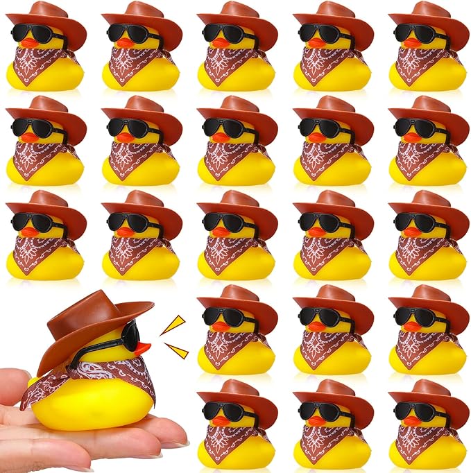 Sosation 24 Set Cowboy Rubber Duck Bulk Mini Yellow Duckies Party Tiny Ducks Toy with Cowboy Hat Paisley Bandanas Sunglasses for Birthday Party Favor(Classic Style)