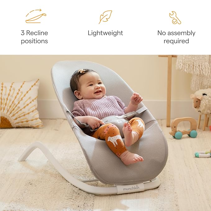 Munchkin Spring Baby Bouncer and Rocker Seat, Lightweight 2-in-1 Design, Travel Essential for Newborn, 3 Recline Positions, Grey