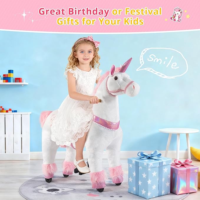 Pipleo Ride on Unicorn on Toys, Unicorn Ride on for Girls 6 to Adult, Ride on Unicorn Toys, Unicorn Rider Mechanical Walking Action Plush Animal, No Battery or Electricity, Max Load 187 LBS - Pink