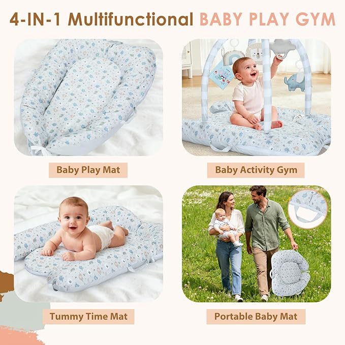 7-in-1 Baby Play Mat & Activity Gym, 0-12 Months Multi-Use Play Center with 5 Hanging Sensory Toys, Early Skill Building, Elephant