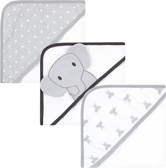 Hudson Baby Unisex Baby Cotton Rich Hooded Towels, Gray Modern Elephant, One Size