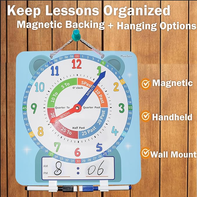 Teaching Clocks for Kids, Large Magnetic Writable Dry Erase Learning Clock with Pen,12" Teaching Demonstration Clock Learning Time to Tell Time for Kids Home School Classroom Supplies-Blue