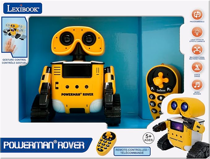 LEXiBOOK, Powerman® Rover, Your Adorable Remote-Controlled Robot Companion, Remote and Gesture Control, Plays Music and Dances, Repeats After You, Light and Sound Effects, STEM programmable, ROB14