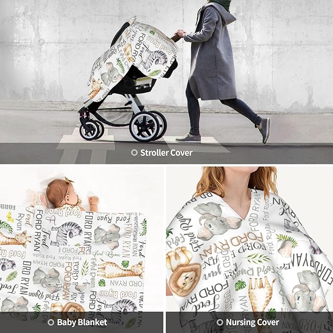 Personalized Car Seat Covers for Babies Custom Name Car Seat Canopy for Newborn Baby Boys Girls 2 in 1 Mom Nursing Breastfeeding Covers Woodland Minky Baby Carrier Covers with Peekaboo Opening