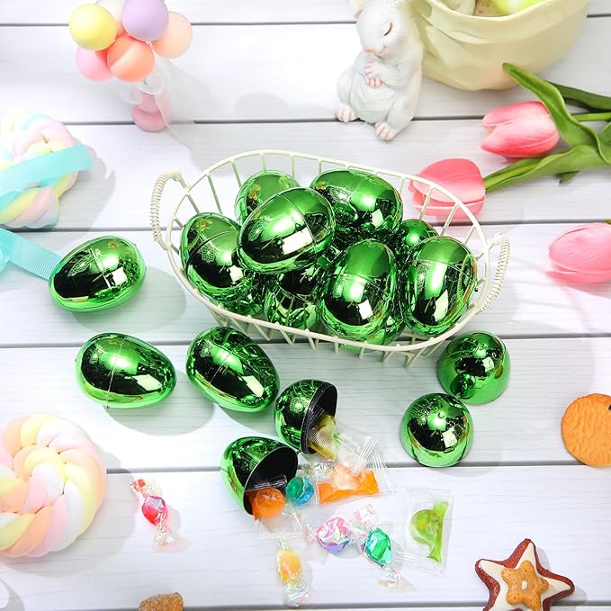 48 Pcs Easter Eggs Metallic 2.28 x 1.65 Inch Empty Eggs Fillable Easter Eggs Empty Plastic Easter Eggs for Easter Hunt Easter Party Favors (Green)