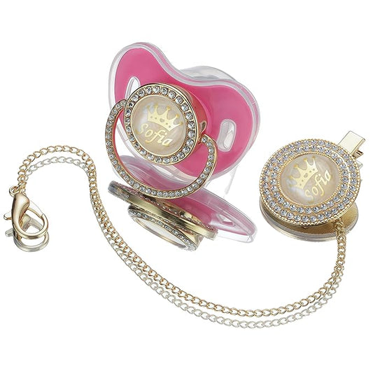 Sparkling Bling Custom Baby Pacifiers and Clips/Holder Kit with Name Personalized with Rhinestones for Boy and Girl Baby Shower (Pink)