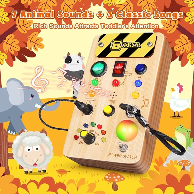 TINTECUSA Busy Board Montessori Toys for Toddler, Wooden Sensory Board Switch Toy with Color-Changing LED Light Up Travel Toys Educational Plane Travel Activity for 1-6 Year Old Girls & Boys Gifts