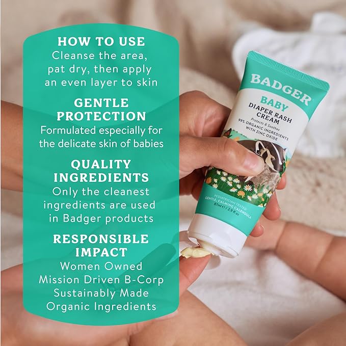 Badger Baby Diaper Rash Cream, Zinc Oxide Diaper Cream for Babies, Natural Skin Barrier Cream with Organic Sunflower Oil & Beeswax, 2.9 fl oz, 2-Pack