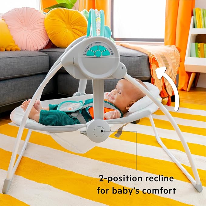 Bright Starts Portable Automatic 6-Speed Baby Swing with Adaptable Speed, Taggies, Music, Removable-Toy-Bar, 0-9 Months 6-20 lbs (Whimsical Wild)