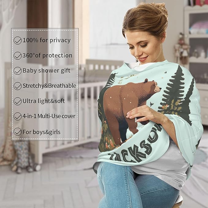 Personalized Bear Baby Car Seat Cover with Name,Multi-Use Canopy for Nursing, Strollers,Shopping Carts,Customized Breastfeeding Cover, Full Privacy,Infant Stroller Cover